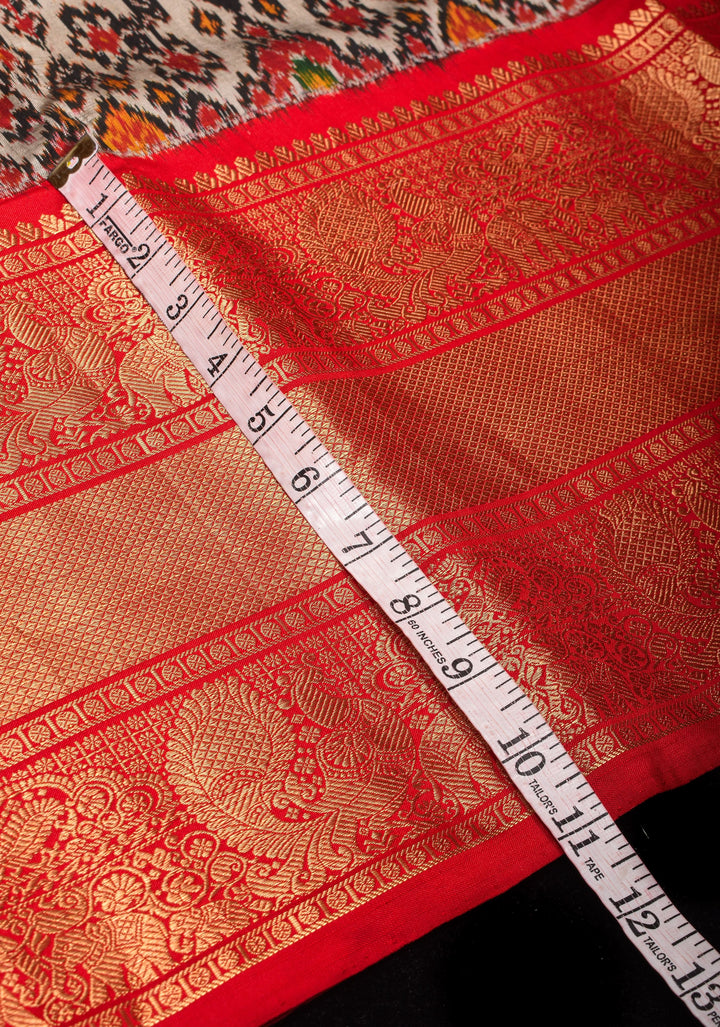 Gray and Red Ikkat Kanjivaram Fusion Silk Saree | SILK MARK CERTIFIED