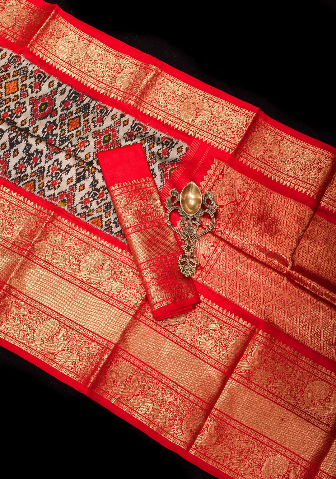 Gray and Red Ikkat Kanjivaram Fusion Silk Saree | SILK MARK CERTIFIED