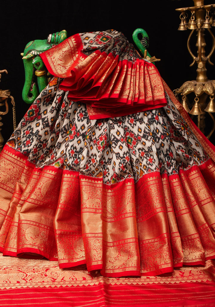 Gray and Red Ikkat Kanjivaram Fusion Silk Saree | SILK MARK CERTIFIED
