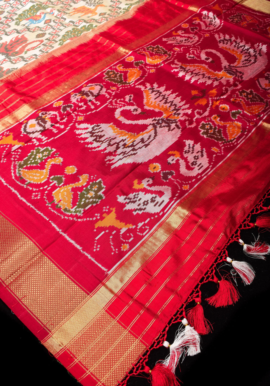 Ivory Ikkat Patola Kanjivaram Fusion Pure Silk Saree and Contrast Red Zari Border | SILK MARK CERTIFIED