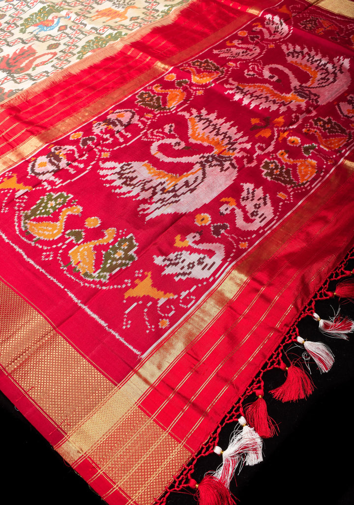 Ivory Ikkat Patola Kanjivaram Fusion Pure Silk Saree and Contrast Red Zari Border | SILK MARK CERTIFIED