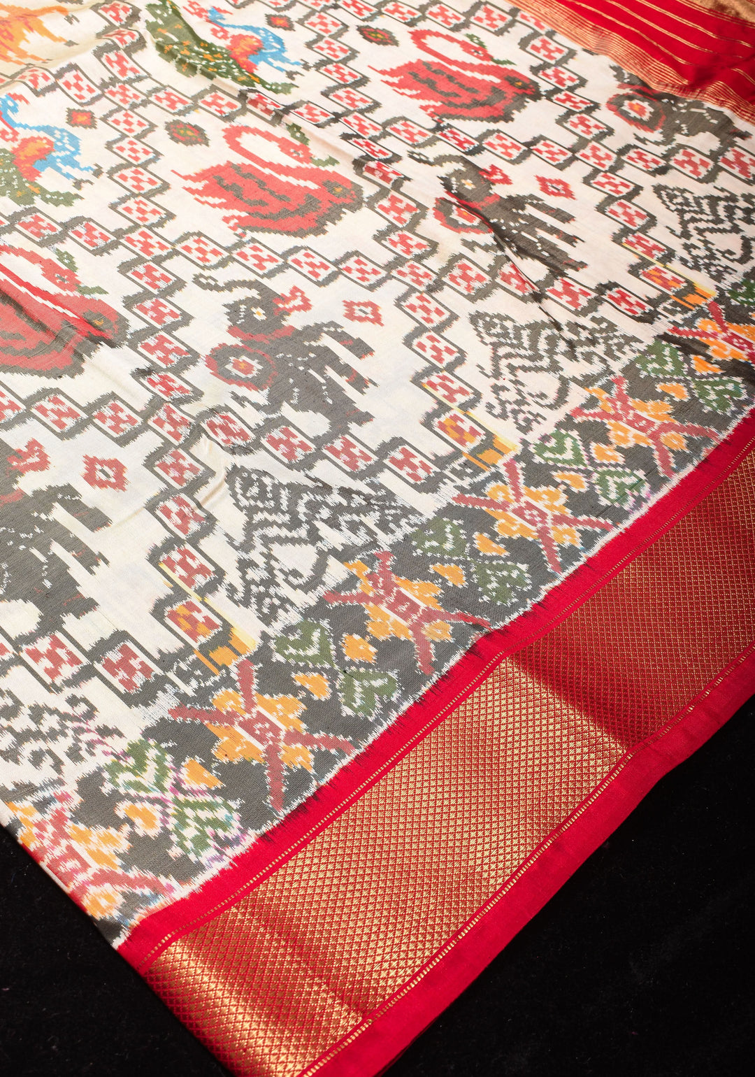 Ivory Ikkat Patola Kanjivaram Fusion Pure Silk Saree and Contrast Red Zari Border | SILK MARK CERTIFIED