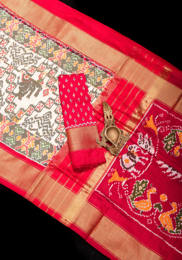Ivory Ikkat Patola Kanjivaram Fusion Pure Silk Saree and Contrast Red Zari Border | SILK MARK CERTIFIED
