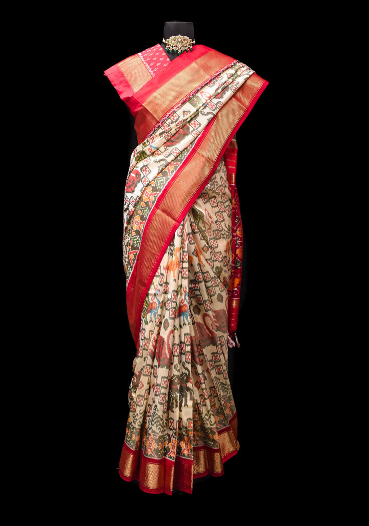 Ivory Ikkat Patola Kanjivaram Fusion Pure Silk Saree and Contrast Red Zari Border | SILK MARK CERTIFIED