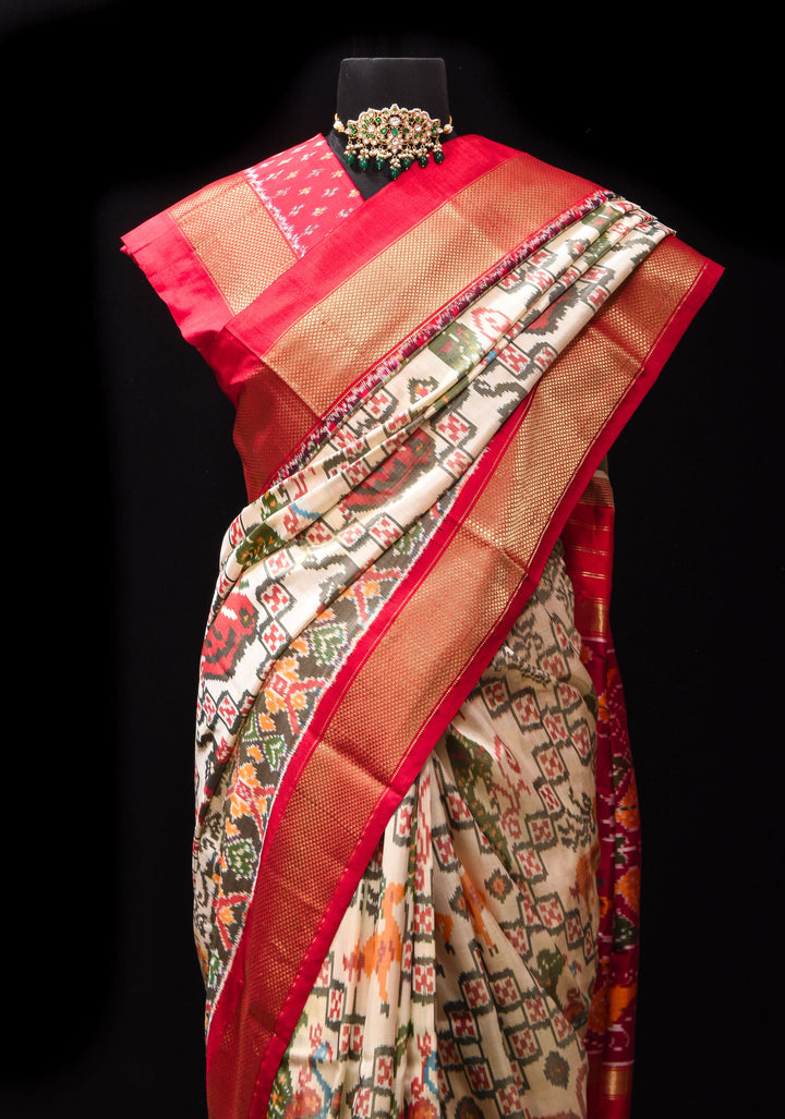 Ivory Ikkat Patola Kanjivaram Fusion Pure Silk Saree and Contrast Red Zari Border | SILK MARK CERTIFIED