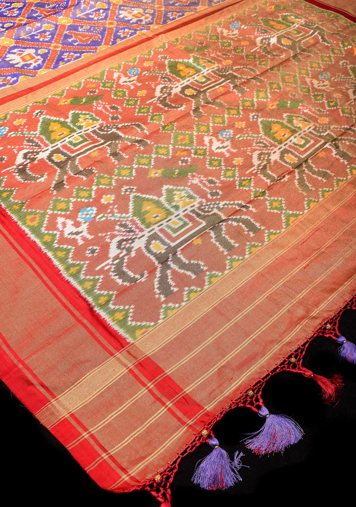 Blue Tone Exquisite Tissue Silk Ikkat Saree with Red Contrast zari Border and pallu I SILK MARK CERTIFIED