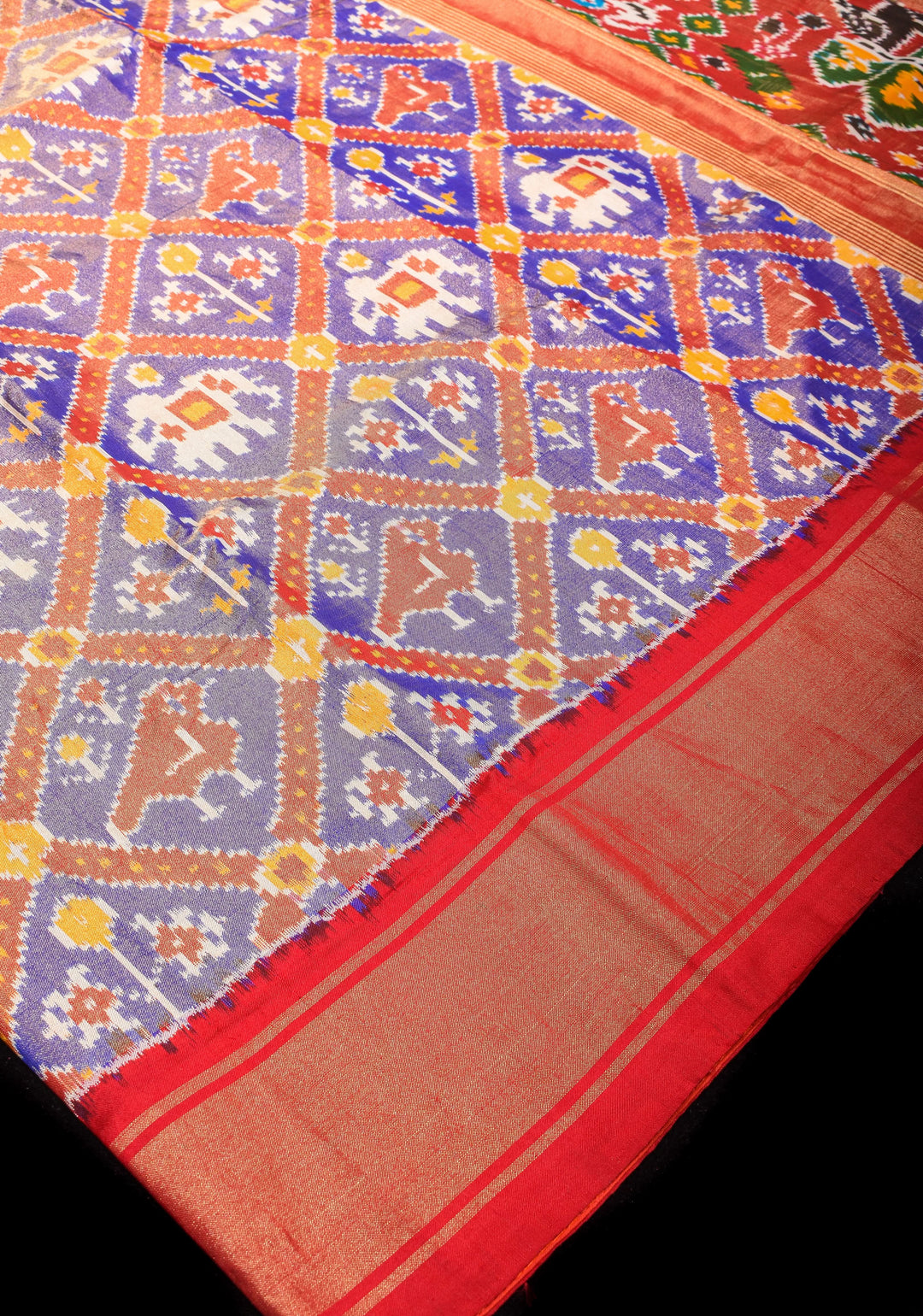 Blue Tone Exquisite Tissue Silk Ikkat Saree with Red Contrast zari Border and pallu I SILK MARK CERTIFIED