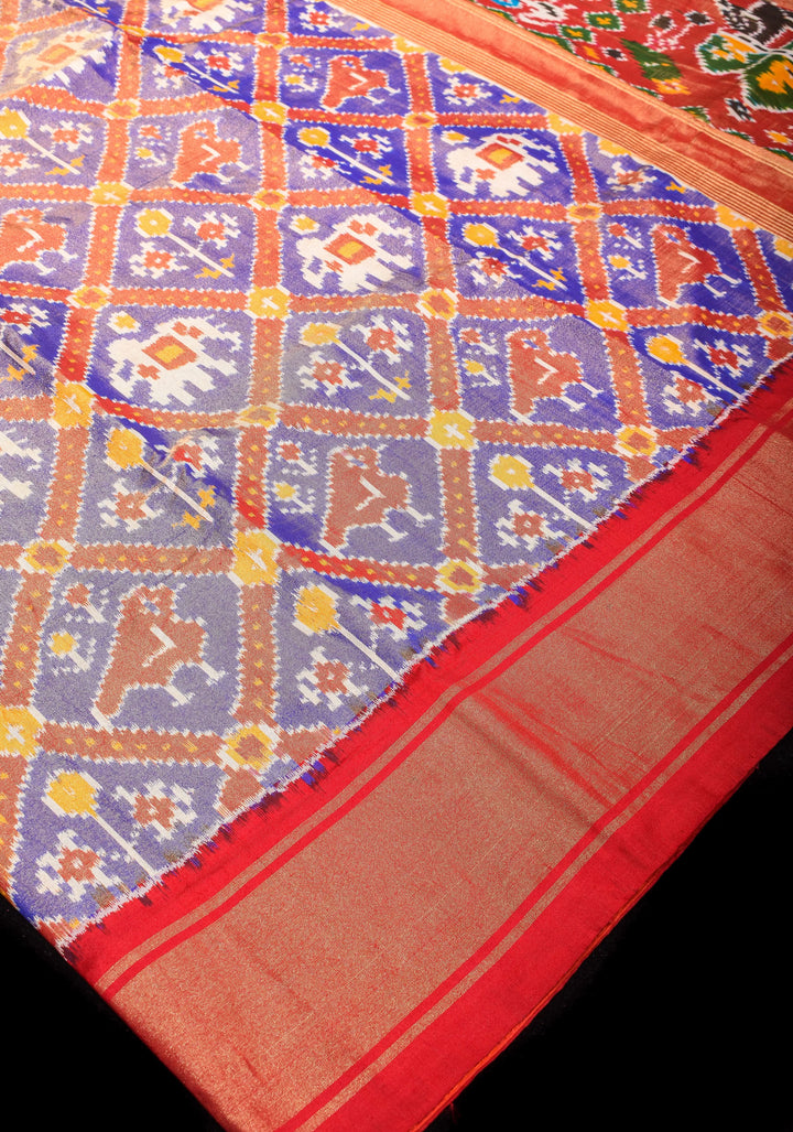 Blue Tone Exquisite Tissue Silk Ikkat Saree with Red Contrast zari Border and pallu I SILK MARK CERTIFIED