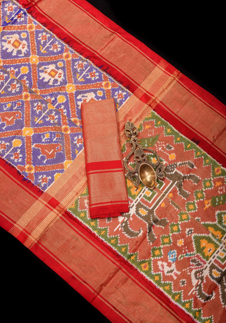 Blue Tone Exquisite Tissue Silk Ikkat Saree with Red Contrast zari Border and pallu I SILK MARK CERTIFIED