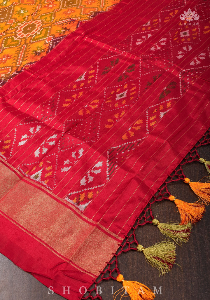 Dupatta : Ikkat Patola Design Pure Silk Dupatta with dense handmade tassels I SILK MARK CERTIFIED