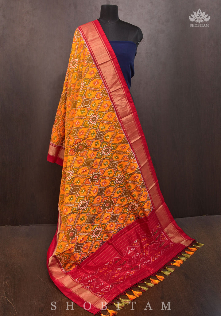 Dupatta : Ikkat Patola Design Pure Silk Dupatta with dense handmade tassels I SILK MARK CERTIFIED