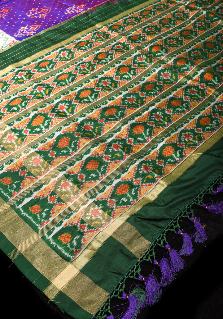 Ikkat Pochampally Fusion Silk Saree in Purple Dual tone with Stacked Border | SILK MARK CERTIFIED