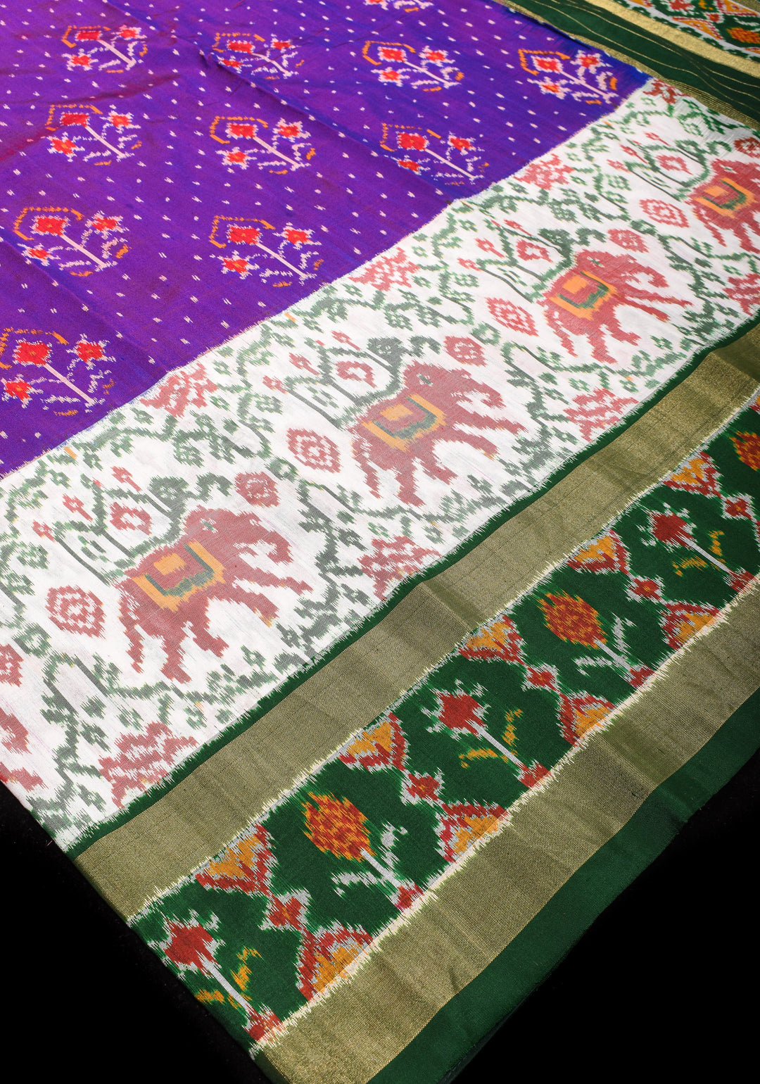 Ikkat Pochampally Fusion Silk Saree in Purple Dual tone with Stacked Border | SILK MARK CERTIFIED