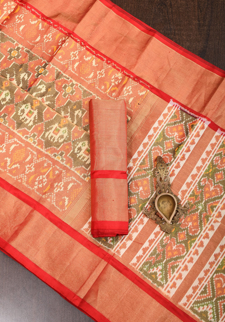 Pure Silk Tissue Ikkat Pochampally Silk Saree in Red & Green with Zari Border | SILK MARK CERTIFIED