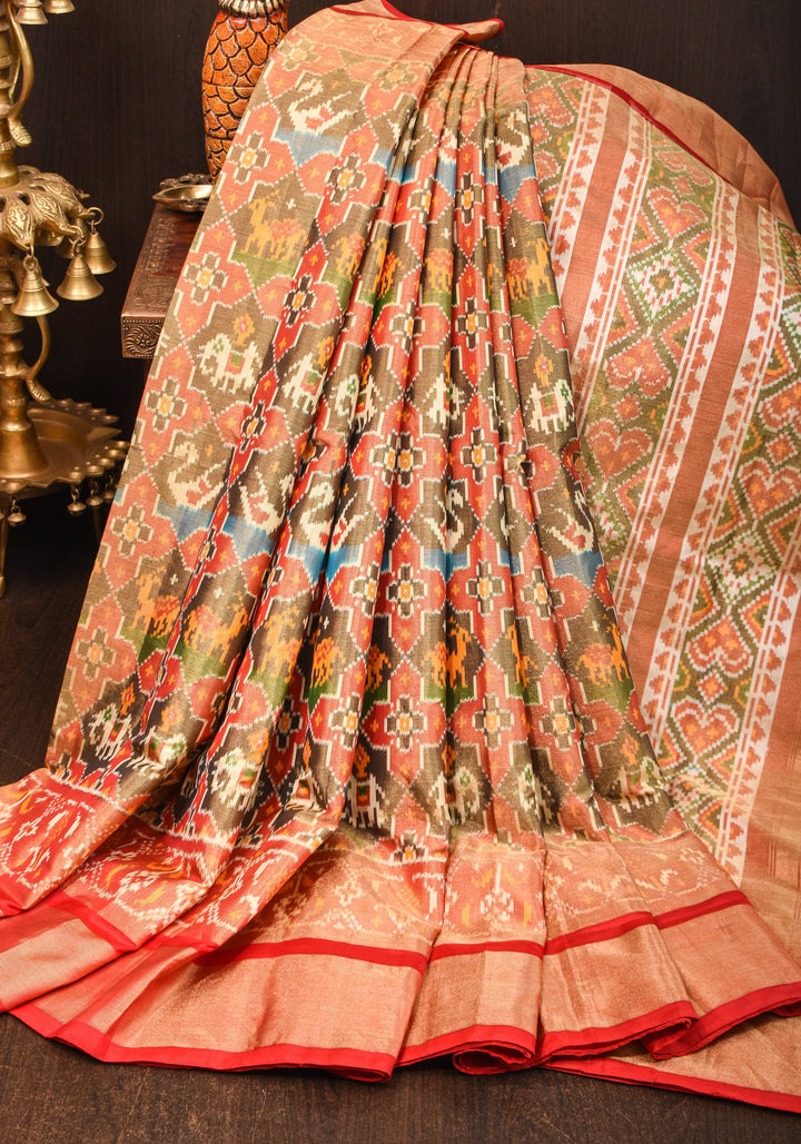 Pure Silk Tissue Ikkat Pochampally Silk Saree in Red & Green with Zari Border | SILK MARK CERTIFIED