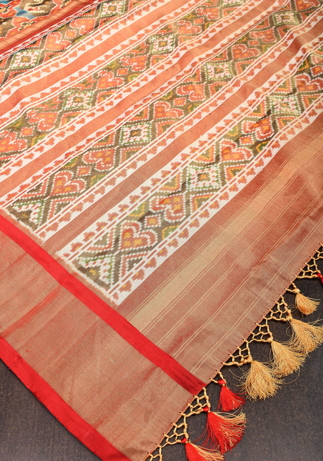 Pure Silk Tissue Ikkat Pochampally Silk Saree in Red & Green with Zari Border | SILK MARK CERTIFIED