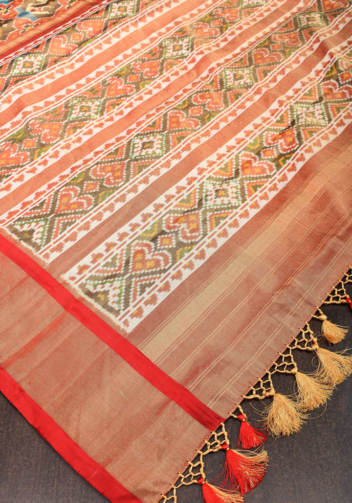 Pure Silk Tissue Ikkat Pochampally Silk Saree in Red & Green with Zari Border | SILK MARK CERTIFIED