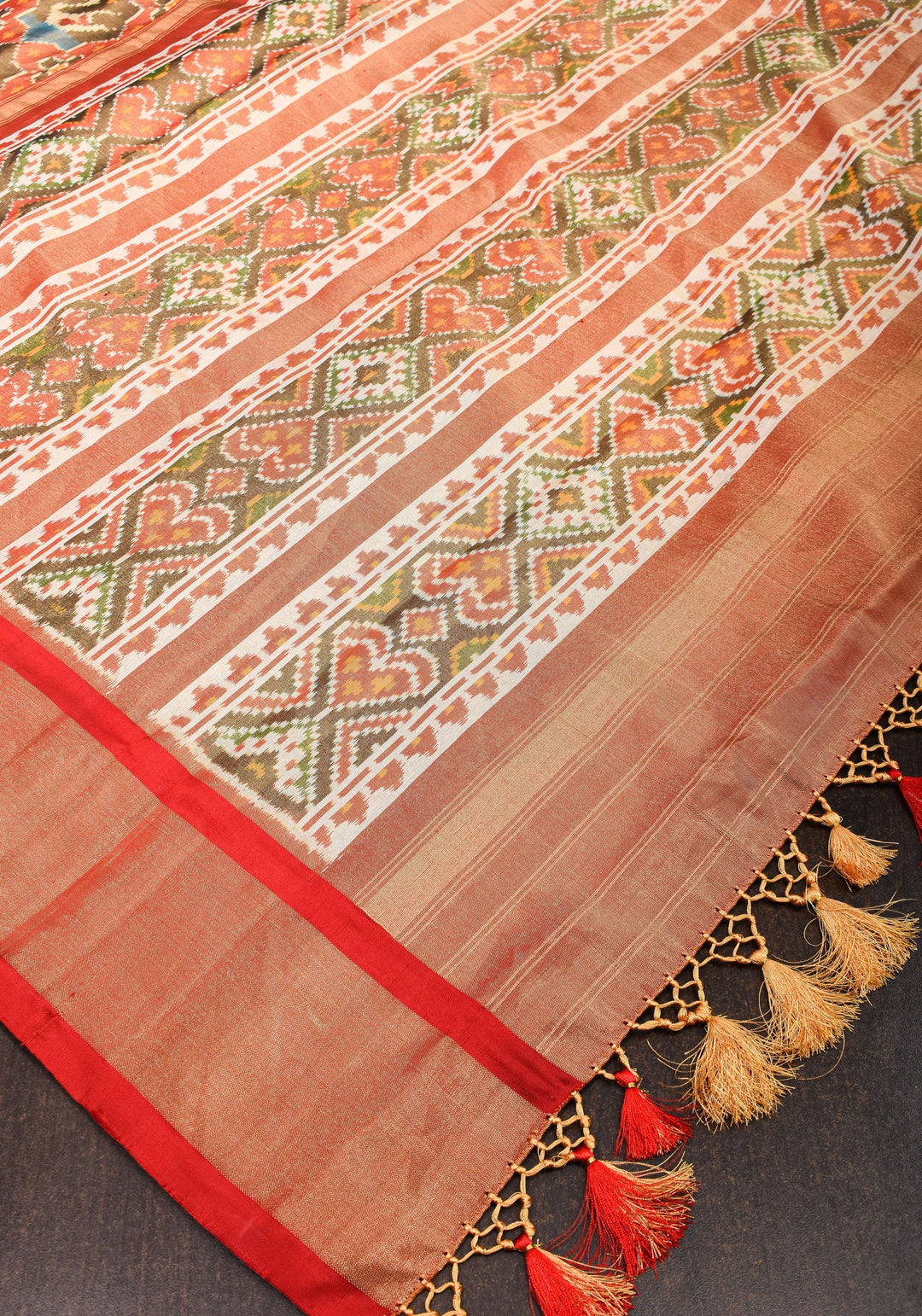 Pure Silk Tissue Ikkat Pochampally Silk Saree in Red & Green with Zari Border | SILK MARK CERTIFIED
