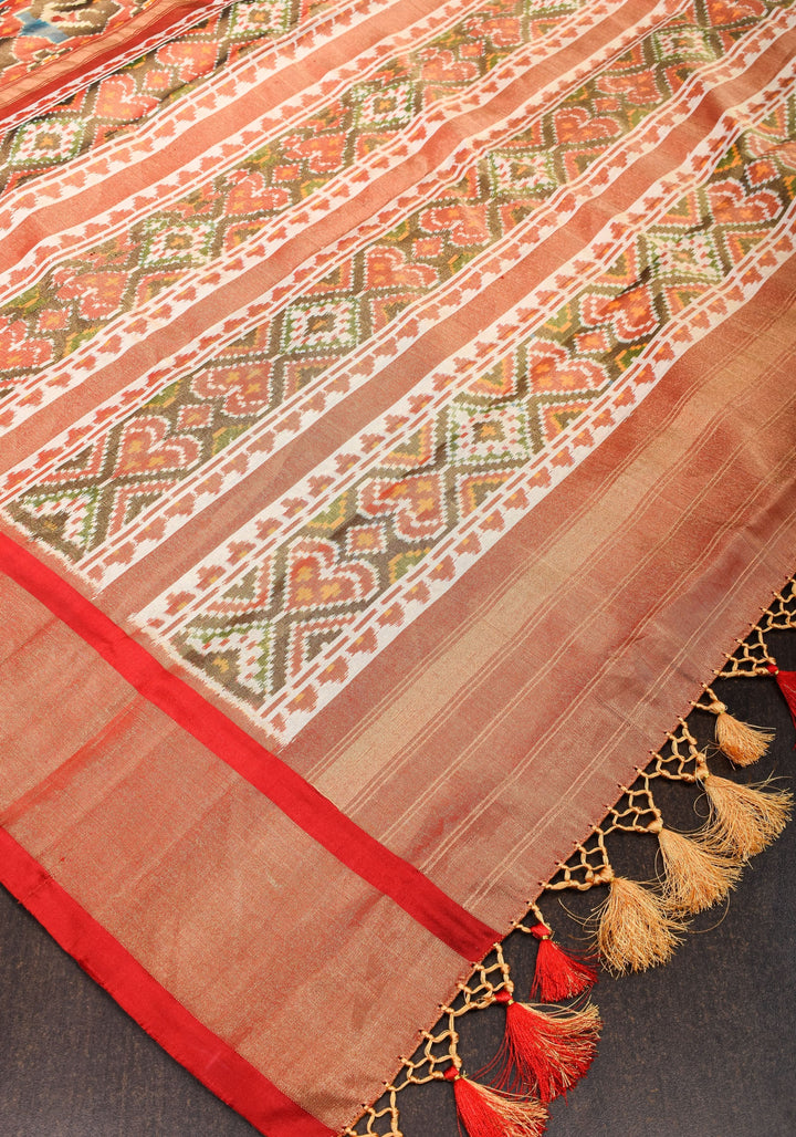 Pure Silk Tissue Ikkat Pochampally Silk Saree in Red & Green with Zari Border | SILK MARK CERTIFIED