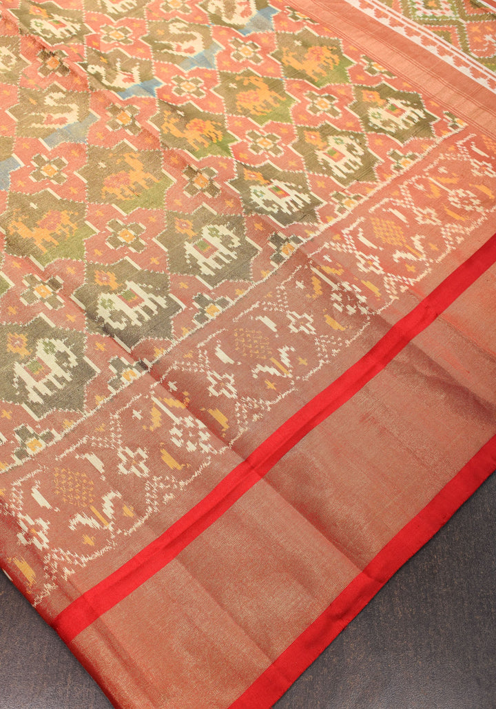 Pure Silk Tissue Ikkat Pochampally Silk Saree in Red & Green with Zari Border | SILK MARK CERTIFIED