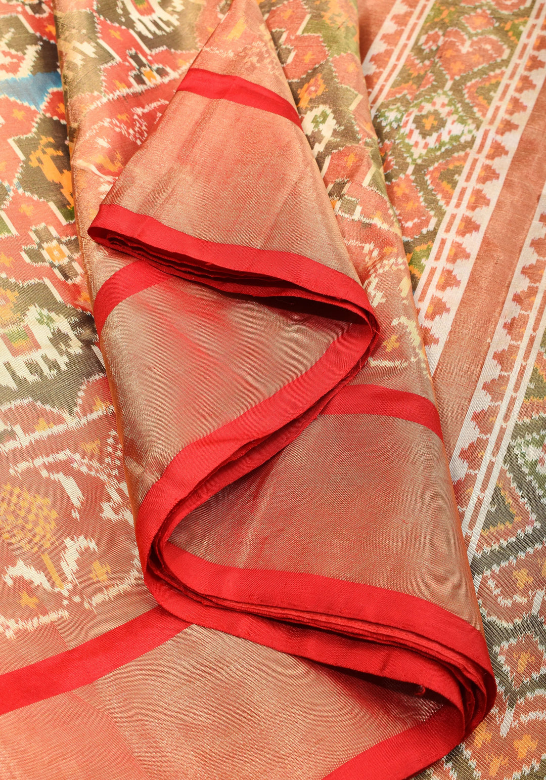 Pure Silk Tissue Ikkat Pochampally Silk Saree in Red & Green with Zari Border | SILK MARK CERTIFIED