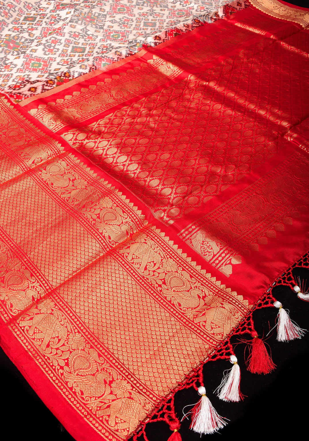Ikkat Kanjivaram Fusion Silk Saree in White & Red with Wide Zari Border | SILK MARK CERTIFIED