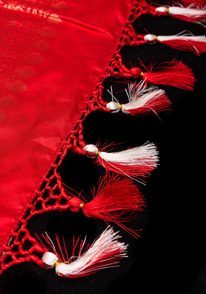 Ikkat Kanjivaram Fusion Silk Saree in White & Red with Wide Zari Border | SILK MARK CERTIFIED