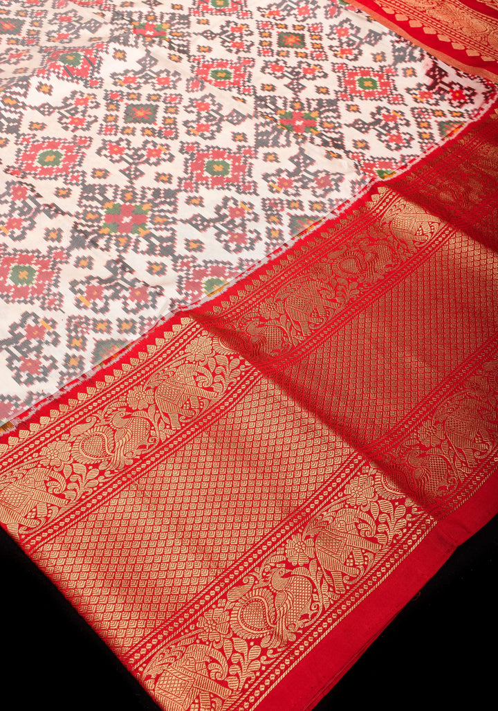 Ikkat Kanjivaram Fusion Silk Saree in White & Red with Wide Zari Border | SILK MARK CERTIFIED