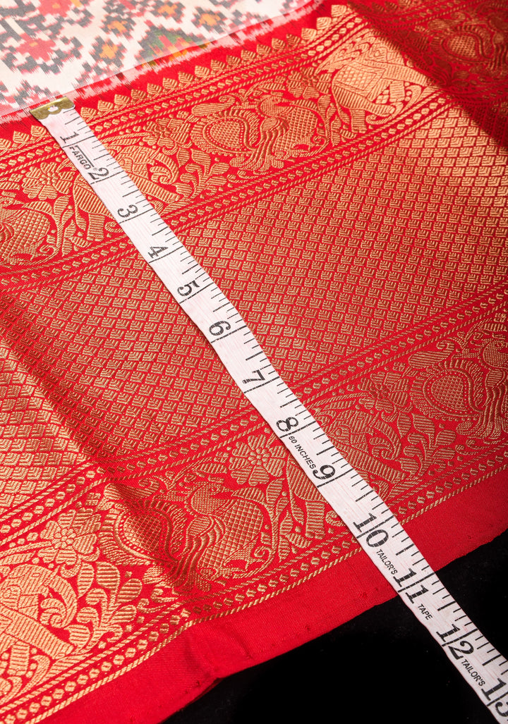 Ikkat Kanjivaram Fusion Silk Saree in White & Red with Wide Zari Border | SILK MARK CERTIFIED