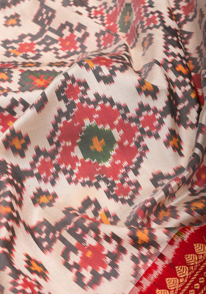 Ikkat Kanjivaram Fusion Silk Saree in White & Red with Wide Zari Border | SILK MARK CERTIFIED