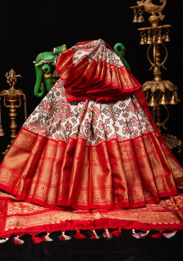 Ikkat Kanjivaram Fusion Silk Saree in White & Red with Wide Zari Border | SILK MARK CERTIFIED