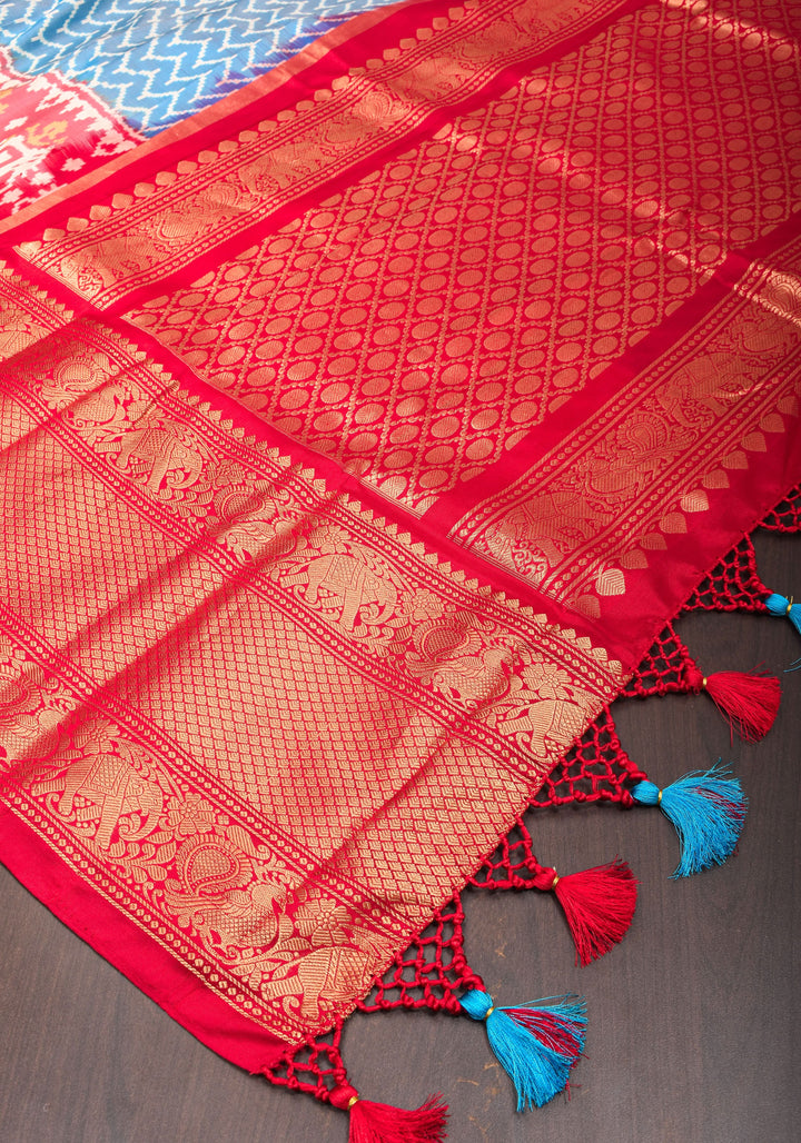 Ikkat Patola Kanjivaram Fusion Silk Saree Blue  with Panel design and wide zari border | SILK MARK CERTIFIED