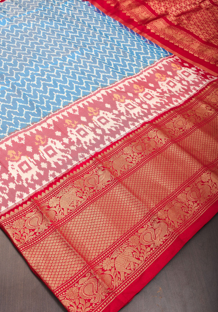 Ikkat Patola Kanjivaram Fusion Silk Saree Blue  with Panel design and wide zari border | SILK MARK CERTIFIED