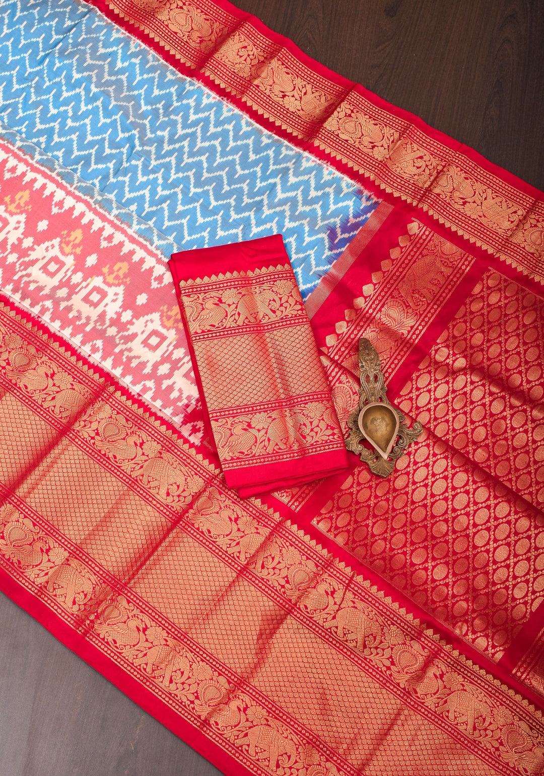Ikkat Patola Kanjivaram Fusion Silk Saree Blue  with Panel design and wide zari border | SILK MARK CERTIFIED