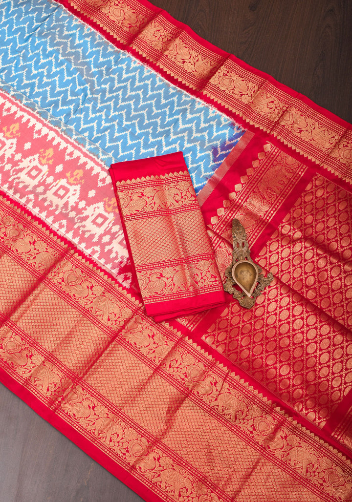 Ikkat Patola Kanjivaram Fusion Silk Saree Blue  with Panel design and wide zari border | SILK MARK CERTIFIED