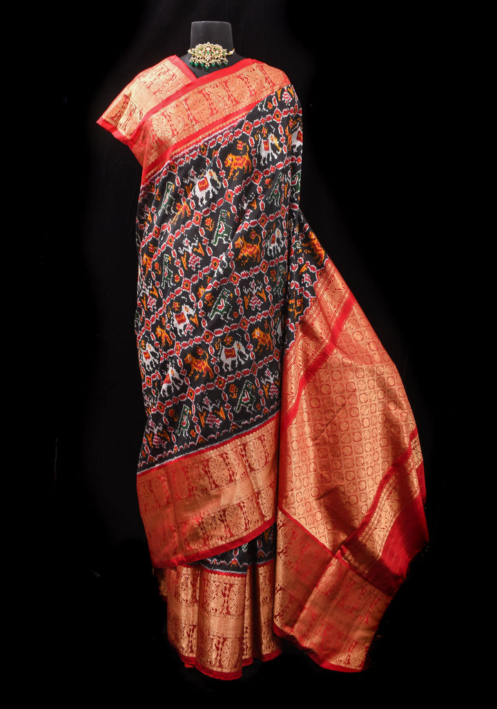 Black Ikkat Patola and Kanjivaram Pure Silk Fusion Saree and Red Contrast Border I SILK MARK CERTIFIED