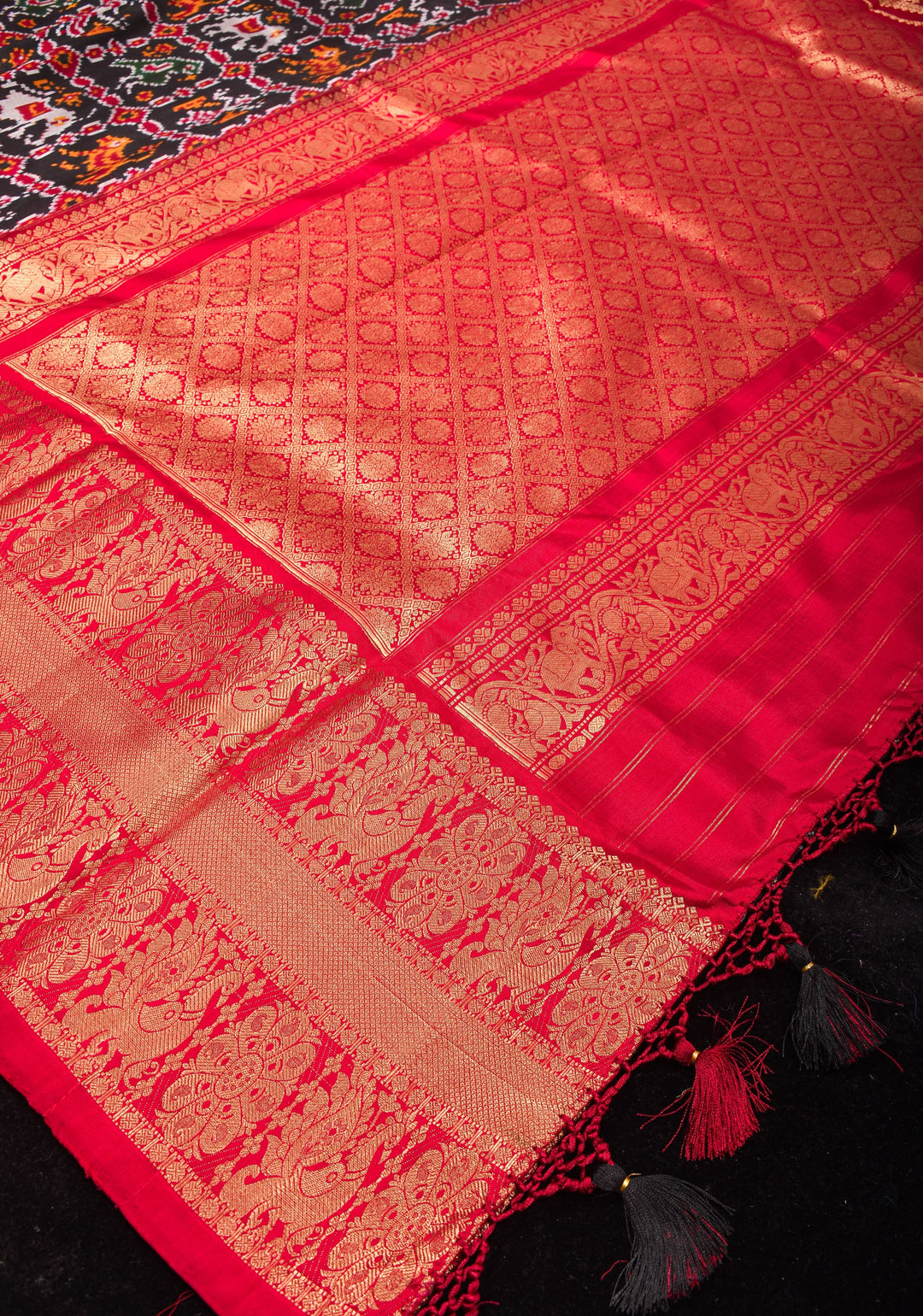 Black Ikkat Patola and Kanjivaram Pure Silk Fusion Saree and Red Contrast Border I SILK MARK CERTIFIED