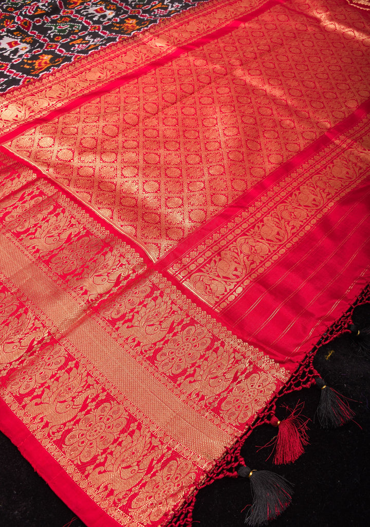 Black Ikkat Patola and Kanjivaram Pure Silk Fusion Saree and Red Contrast Border I SILK MARK CERTIFIED