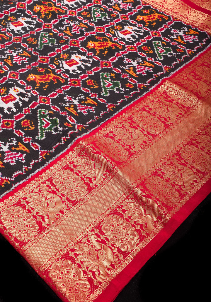 Black Ikkat Patola and Kanjivaram Pure Silk Fusion Saree and Red Contrast Border I SILK MARK CERTIFIED