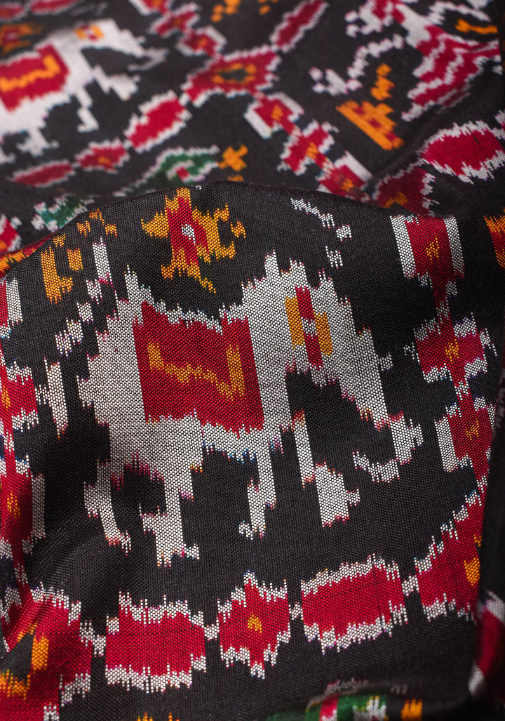 Black Ikkat Patola and Kanjivaram Pure Silk Fusion Saree and Red Contrast Border I SILK MARK CERTIFIED