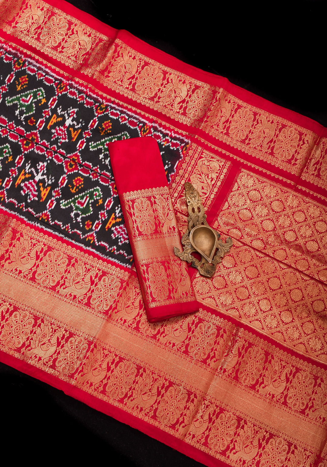 Black Ikkat Patola and Kanjivaram Pure Silk Fusion Saree and Red Contrast Border I SILK MARK CERTIFIED