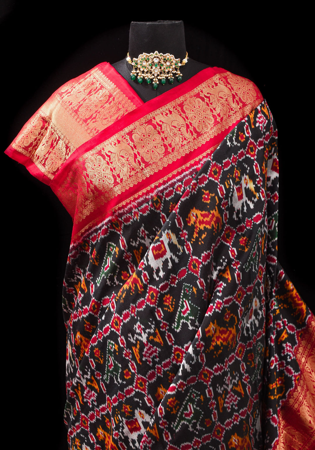 Black Ikkat Patola and Kanjivaram Pure Silk Fusion Saree and Red Contrast Border I SILK MARK CERTIFIED
