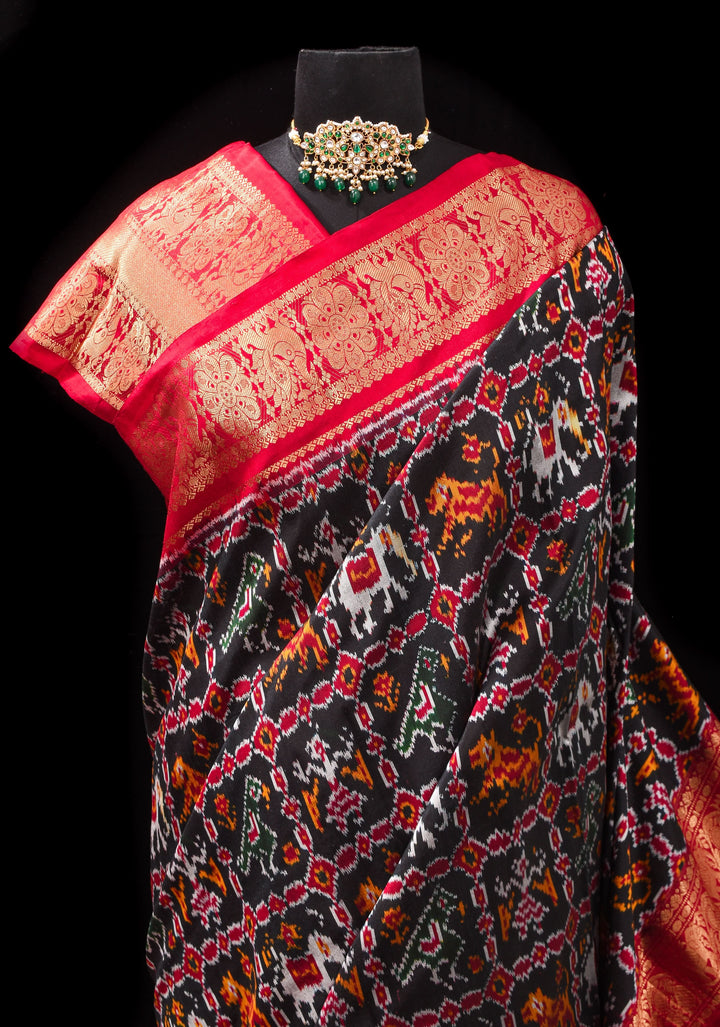 Black Ikkat Patola and Kanjivaram Pure Silk Fusion Saree and Red Contrast Border I SILK MARK CERTIFIED