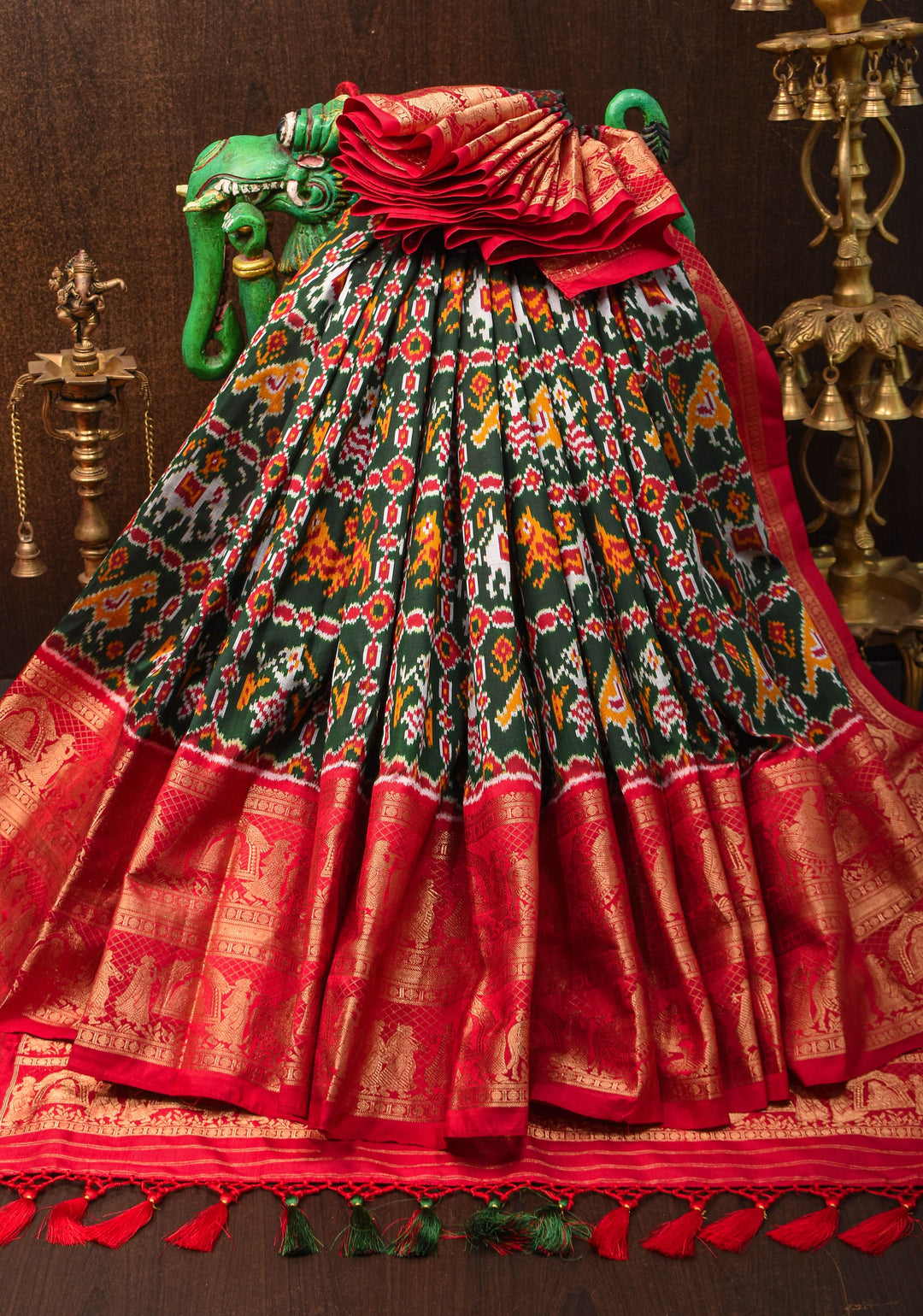 Exquisite Ikkat Kanjivaram Fusion Silk Saree in Deep Green with Grand Pallu and Wide Zari Border | SILK MARK CERTIFIED