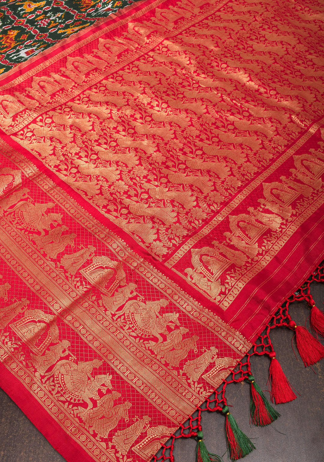 Exquisite Ikkat Kanjivaram Fusion Silk Saree in Deep Green with Grand Pallu and Wide Zari Border | SILK MARK CERTIFIED
