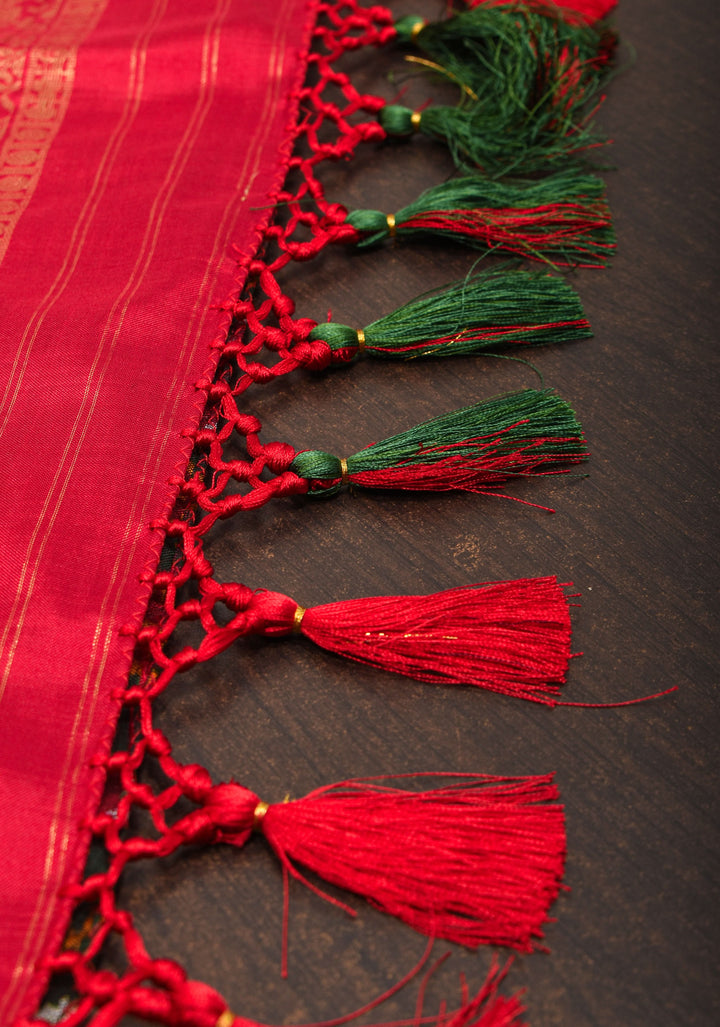 Exquisite Ikkat Kanjivaram Fusion Silk Saree in Deep Green with Grand Pallu and Wide Zari Border | SILK MARK CERTIFIED