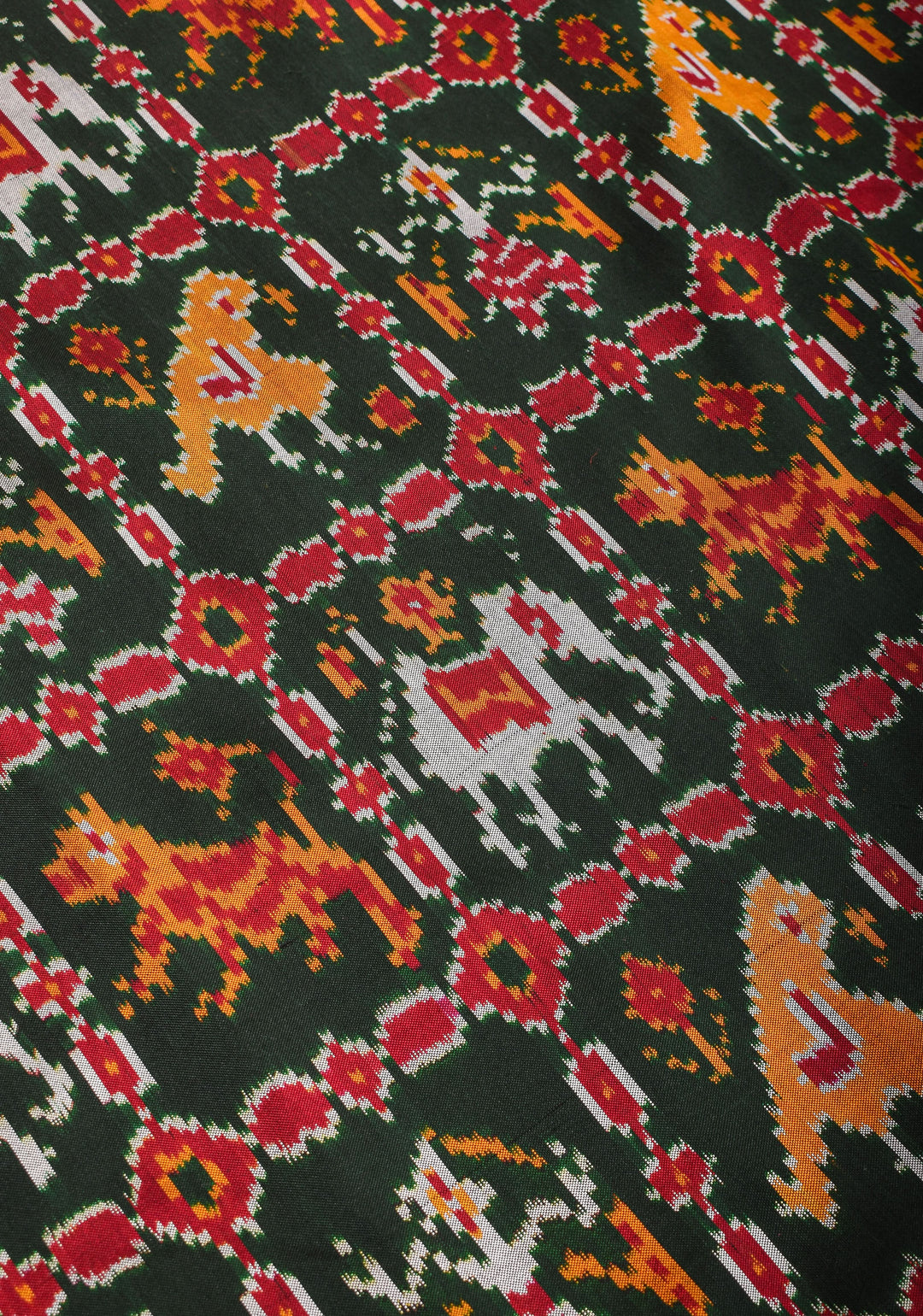 Exquisite Ikkat Kanjivaram Fusion Silk Saree in Deep Green with Grand Pallu and Wide Zari Border | SILK MARK CERTIFIED