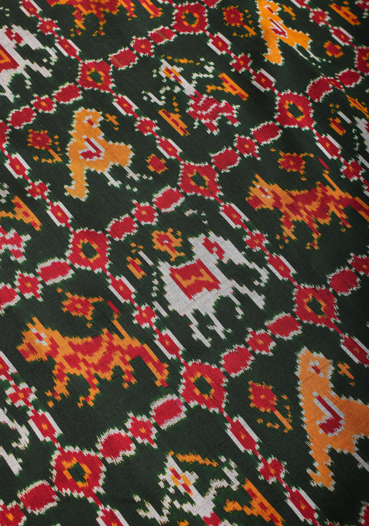 Exquisite Ikkat Kanjivaram Fusion Silk Saree in Deep Green with Grand Pallu and Wide Zari Border | SILK MARK CERTIFIED
