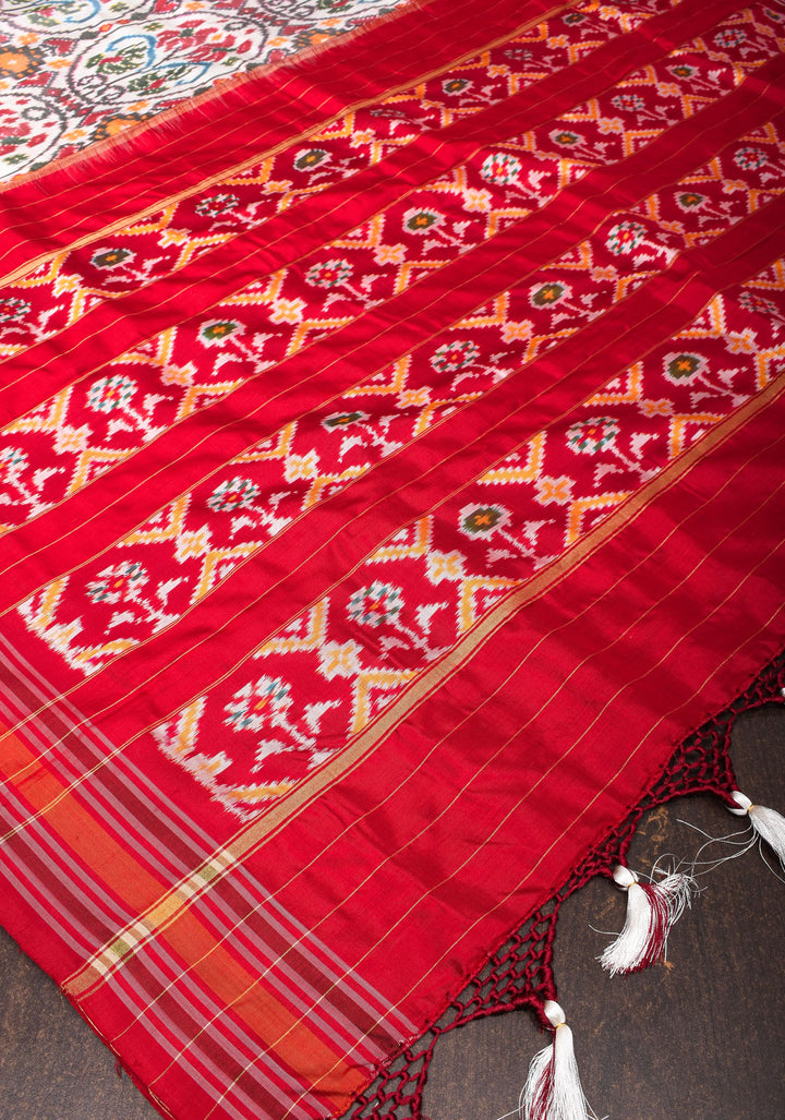 White Pure Silk Saree with Intricate Ikkat patterns and Contrast Red Border | SILK MARK CERTIFIED