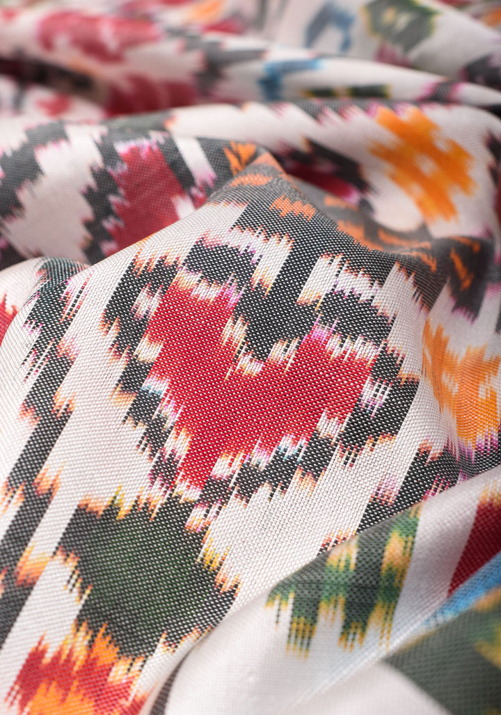 White Pure Silk Saree with Intricate Ikkat patterns and Contrast Red Border | SILK MARK CERTIFIED